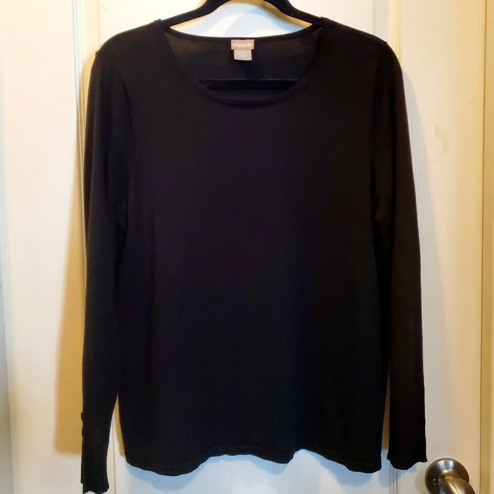 Chico’s Lightweight Classic Black Sweater with button sleeves – Size 2  M/L